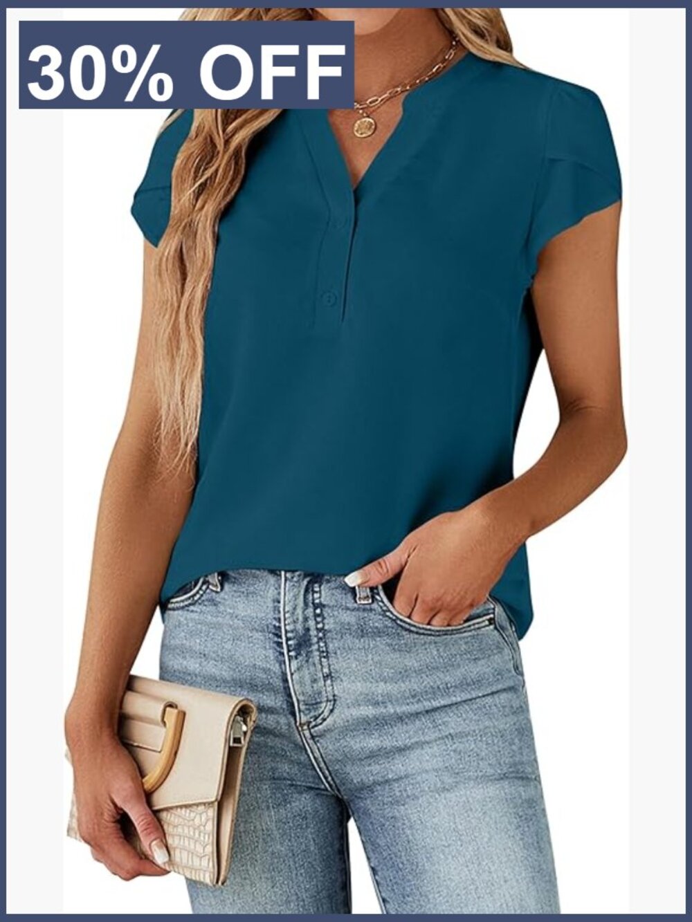 Dressy Casual Button Down Blouse V Neck Cap Sleeve Business Work Top